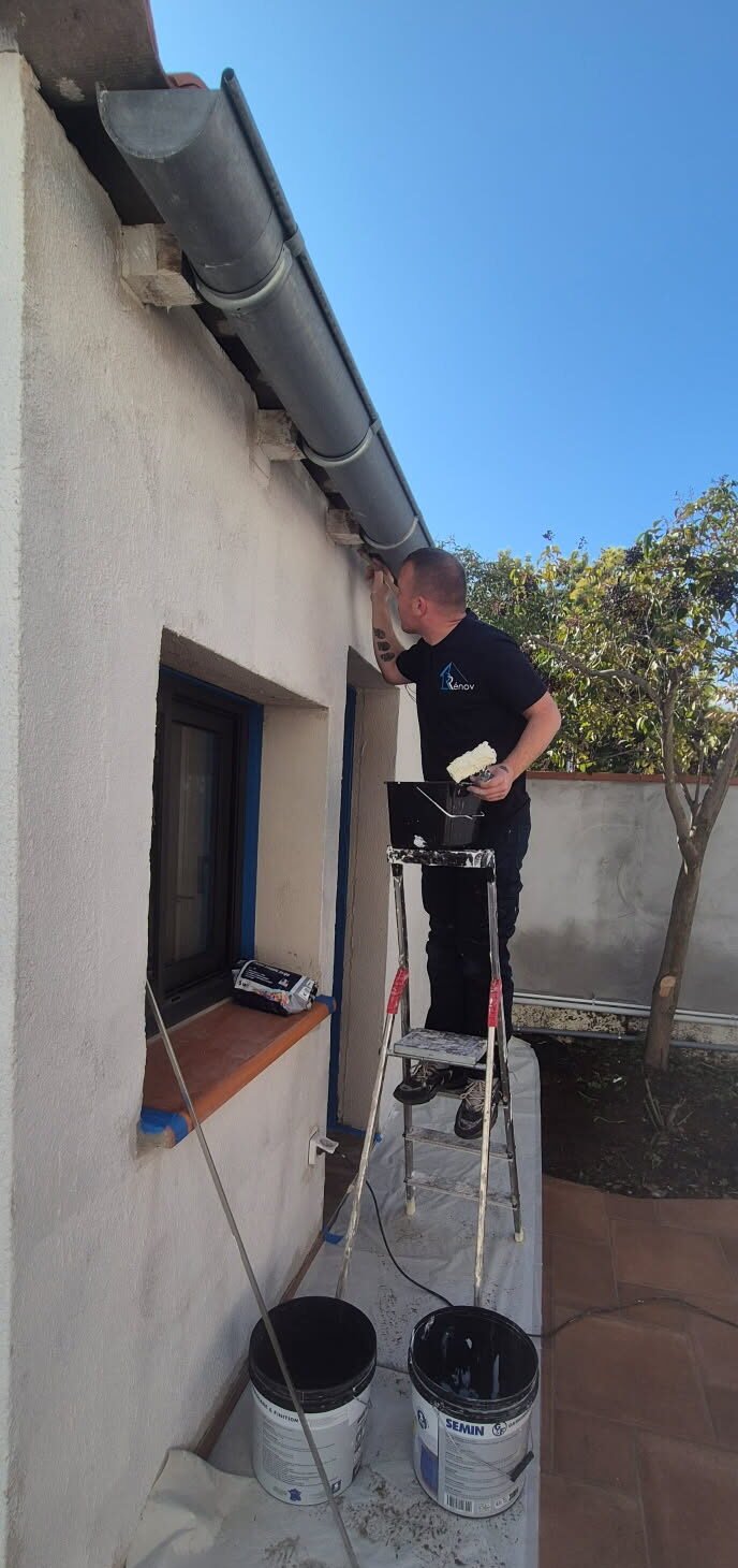 a man on ladders painting a house